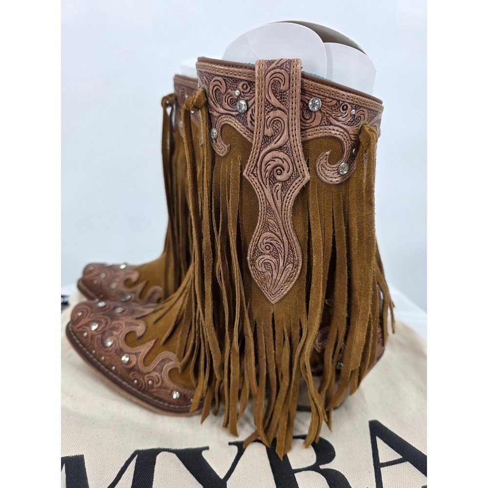 Myra Goldrush Suede Fringe Western Boots Tooled Leather Rhinestone Size 10 NWT - Picture 5 of 9